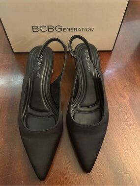 BCBGeneration Black Pointed Slingback Jewel Heel Fabric Shoes